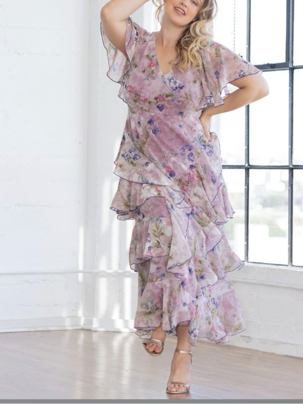 Kiyonna Tour de Flounce Chiffon Evening Gown/Maxi Dress, Lilac, 1X 14/16